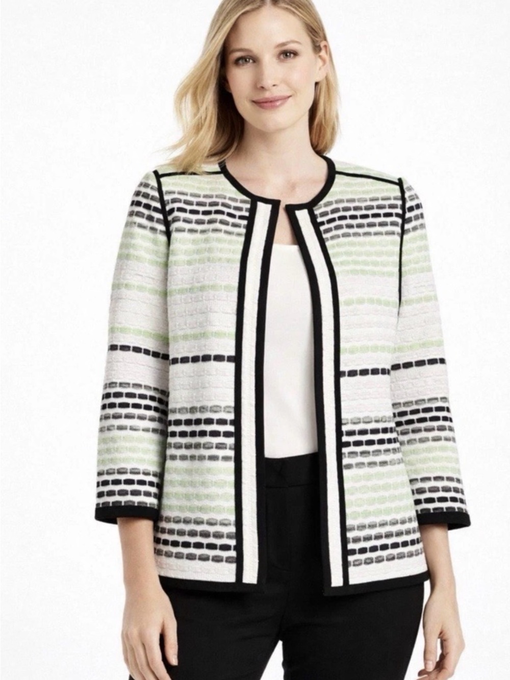 Ming Wang Knit Jacket Blazer Green White Black Open Front Textured Women’s MP
